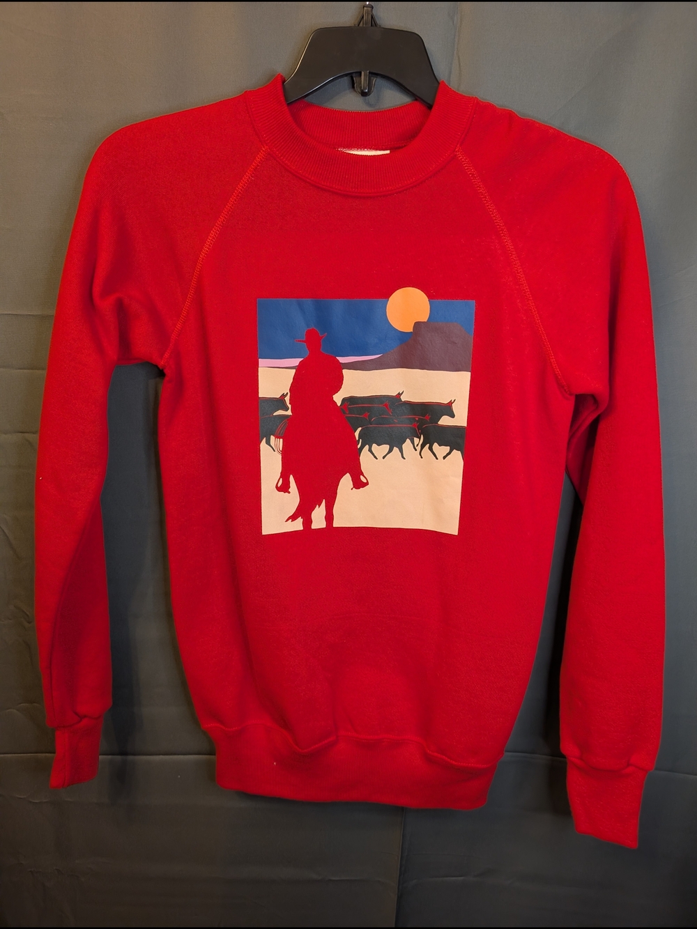 VTG 80s Bassett Walker Red Cowboy Western Graphic Crewneck Sweatshirt S